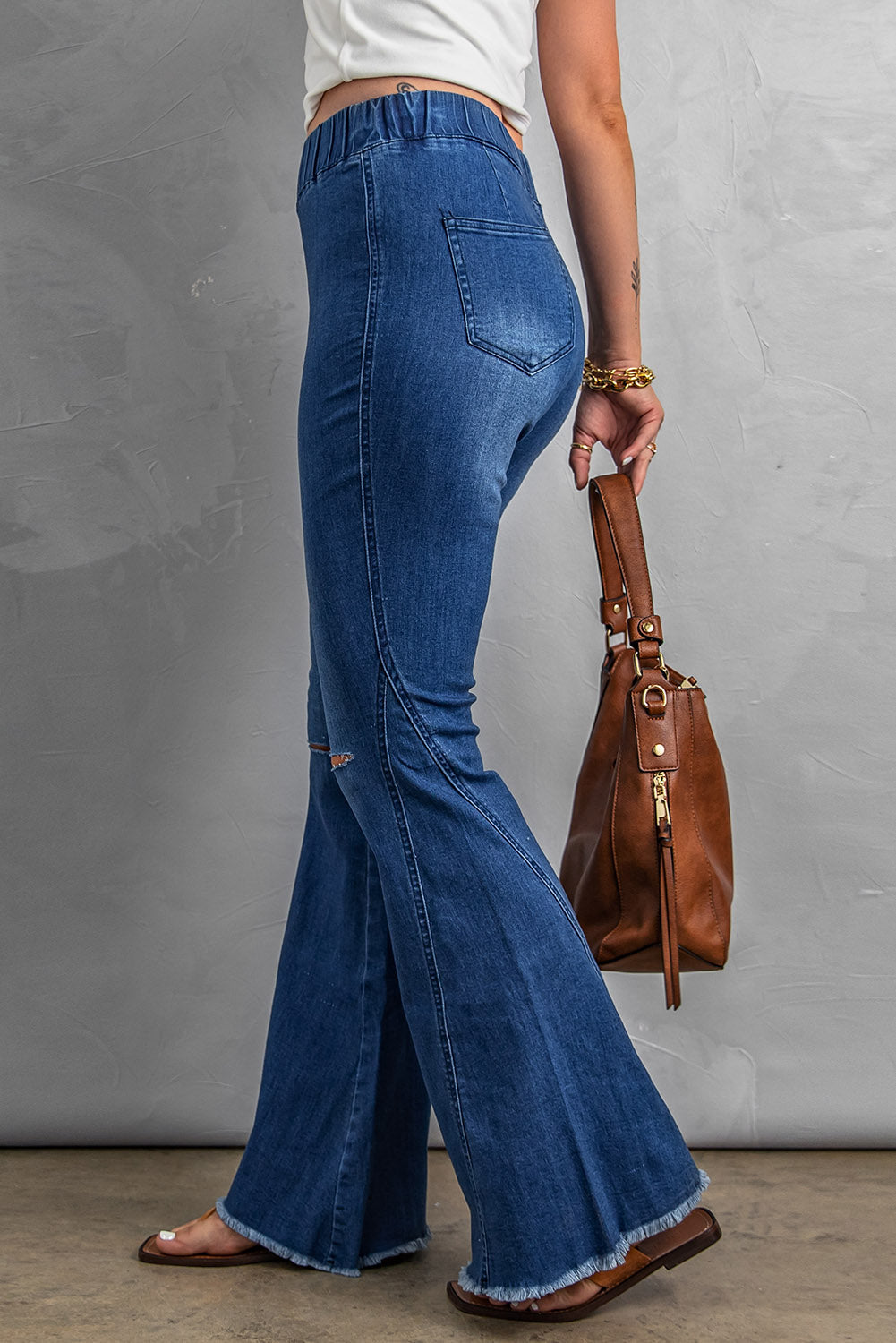 High Waist Slits Raw Edge Flare Jeans