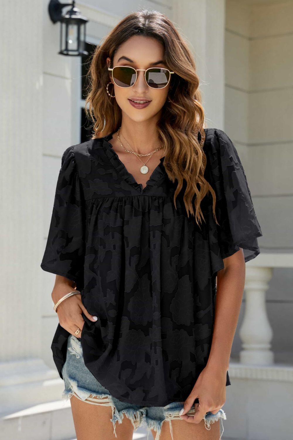 Applique Frill Trim Flutter Sleeve Blouse