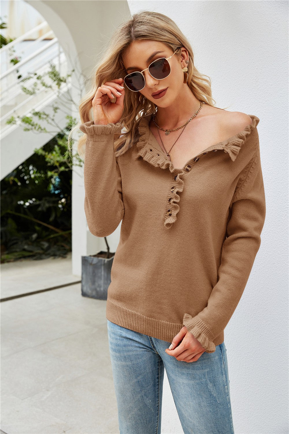 Half-Button Frill Trim Raglan Sleeve Sweater