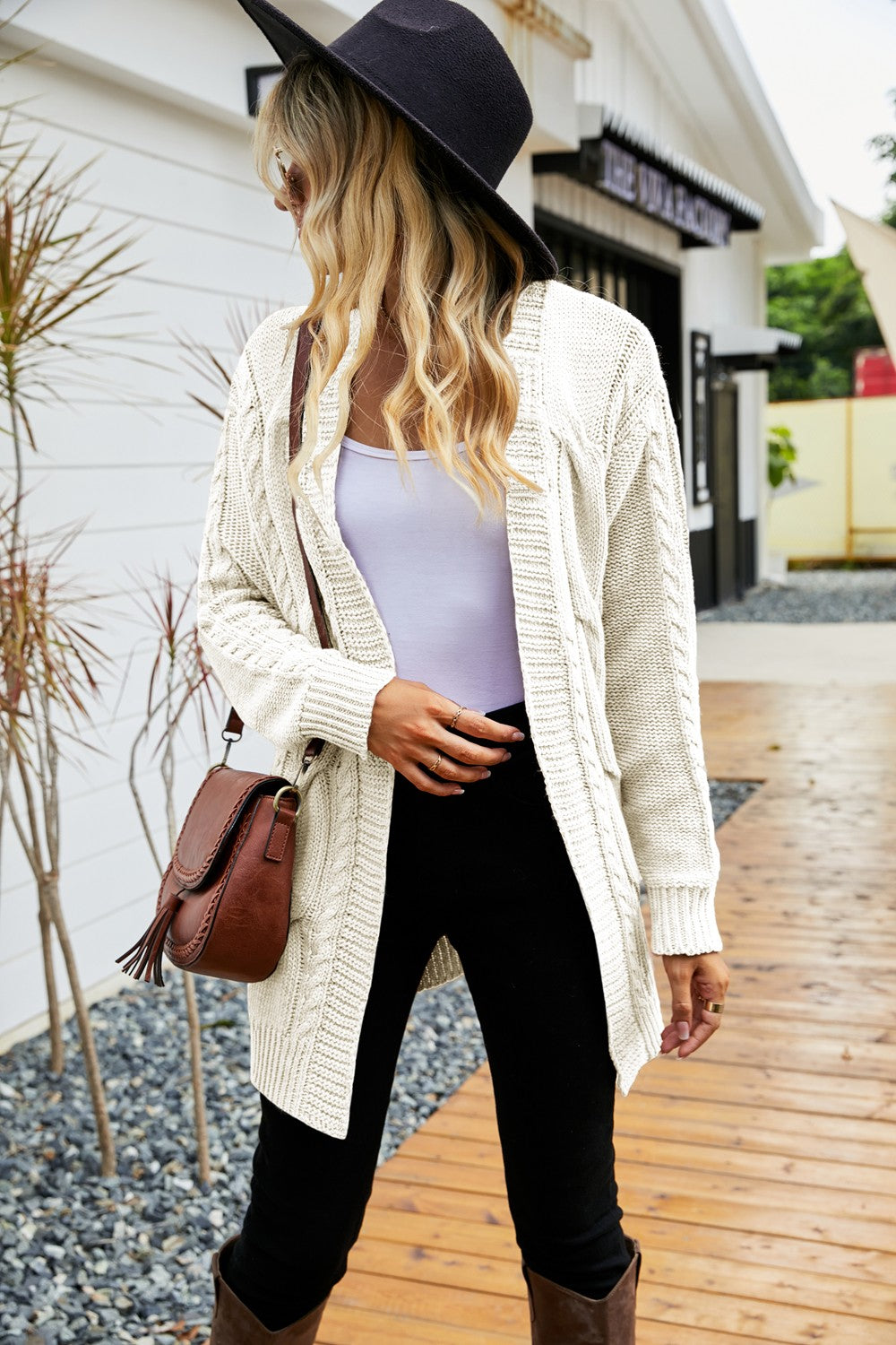 Ribbed Trim Cable-Knit Drop Shoulder Cardigan