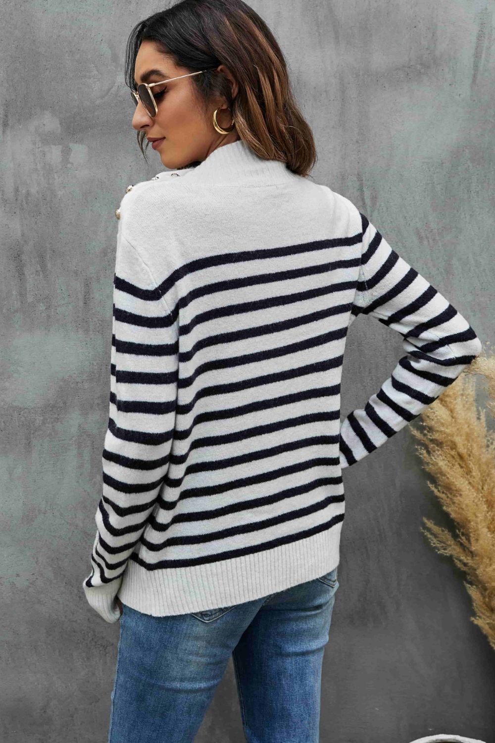 Striped Buttoned Mock Neck Sweater