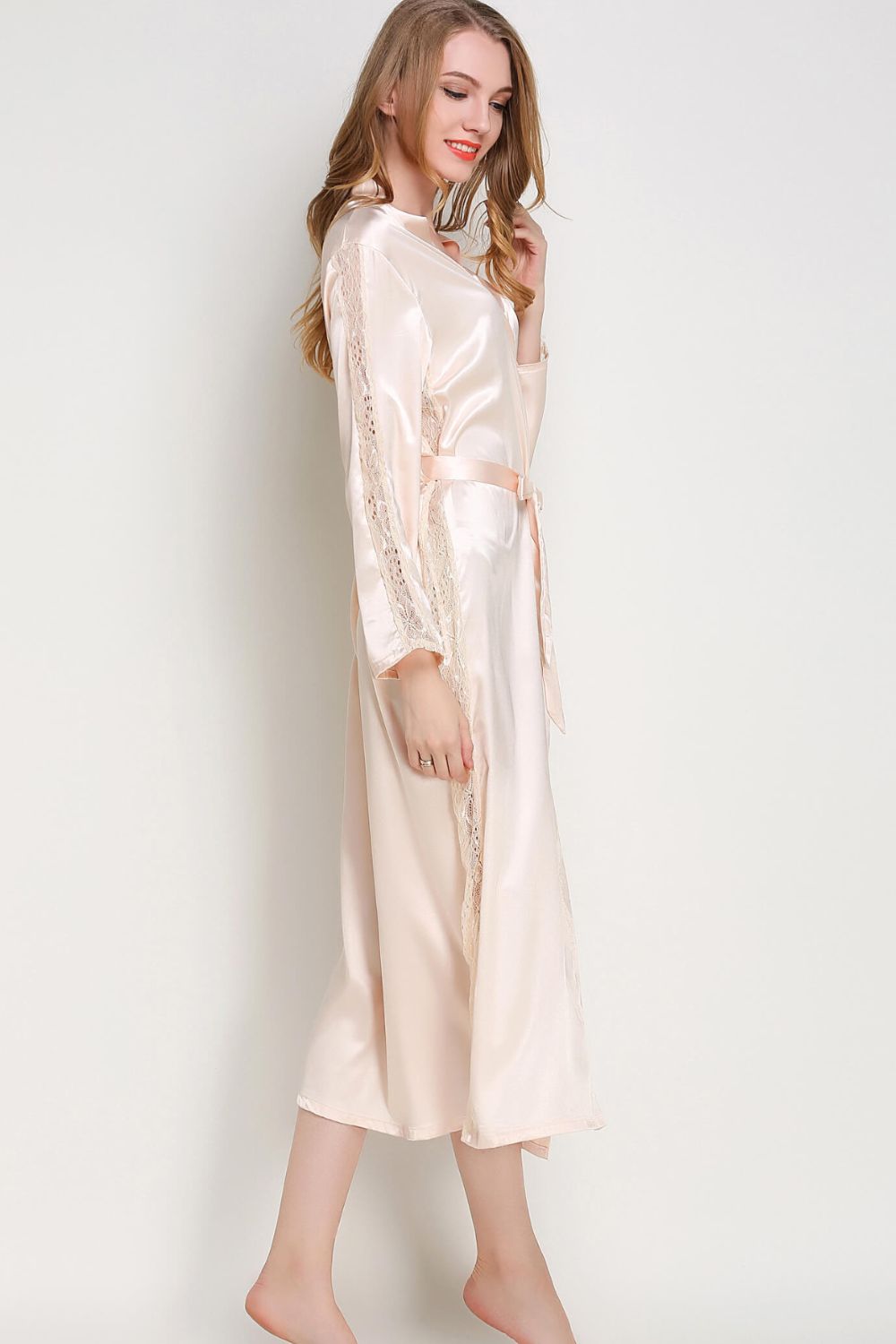 Spliced Lace Tie Waist Satin Robe