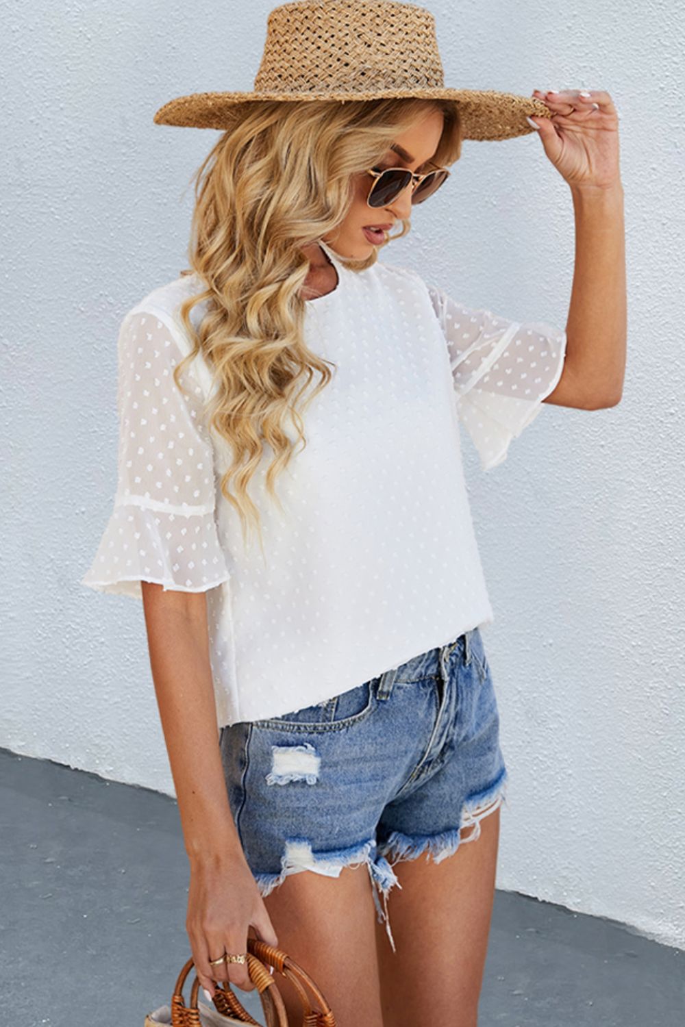 Swiss Dot Flounce Sleeve Round Neck Blouse