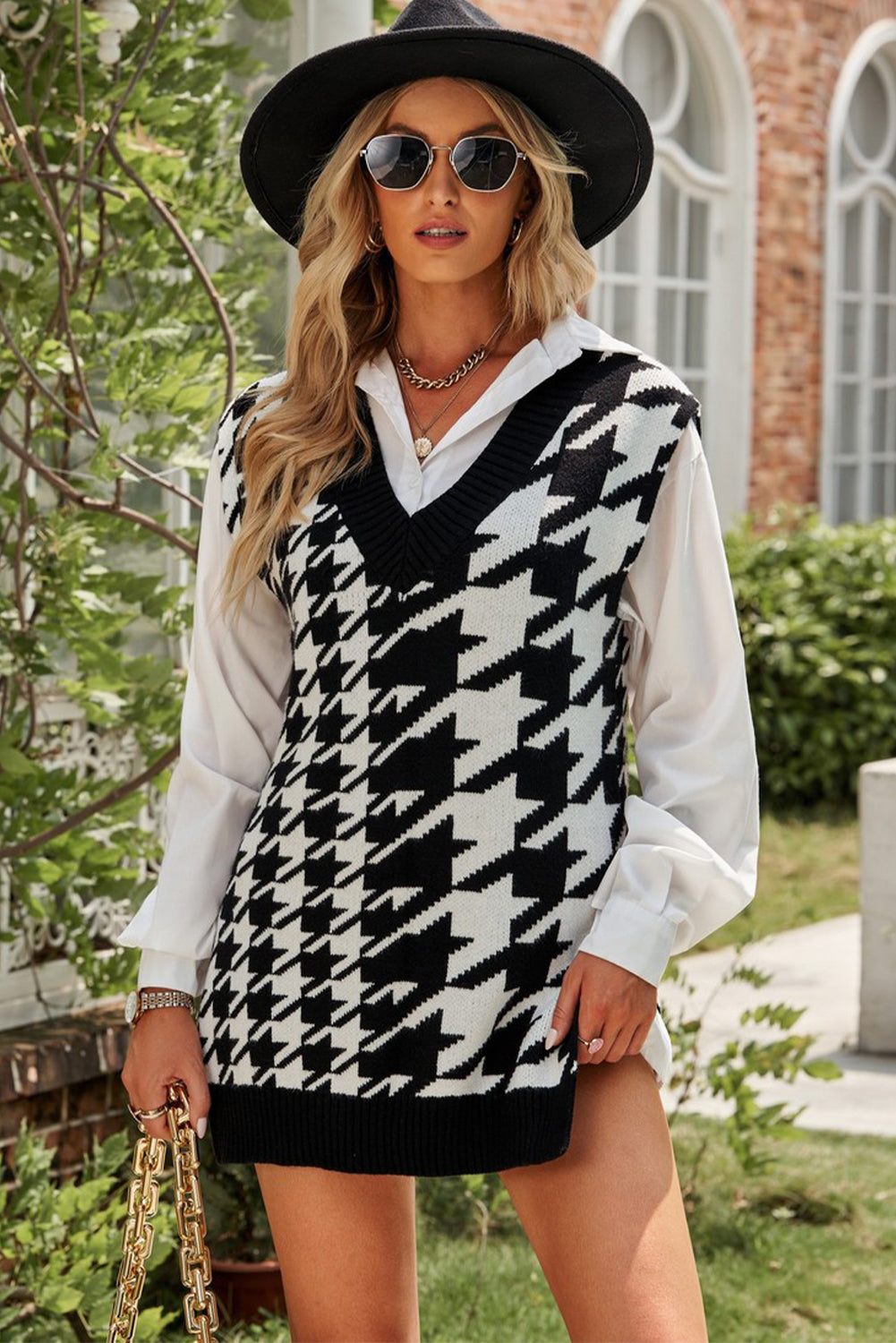Houndstooth Side Slit Ribbed Sweater Vest Dress