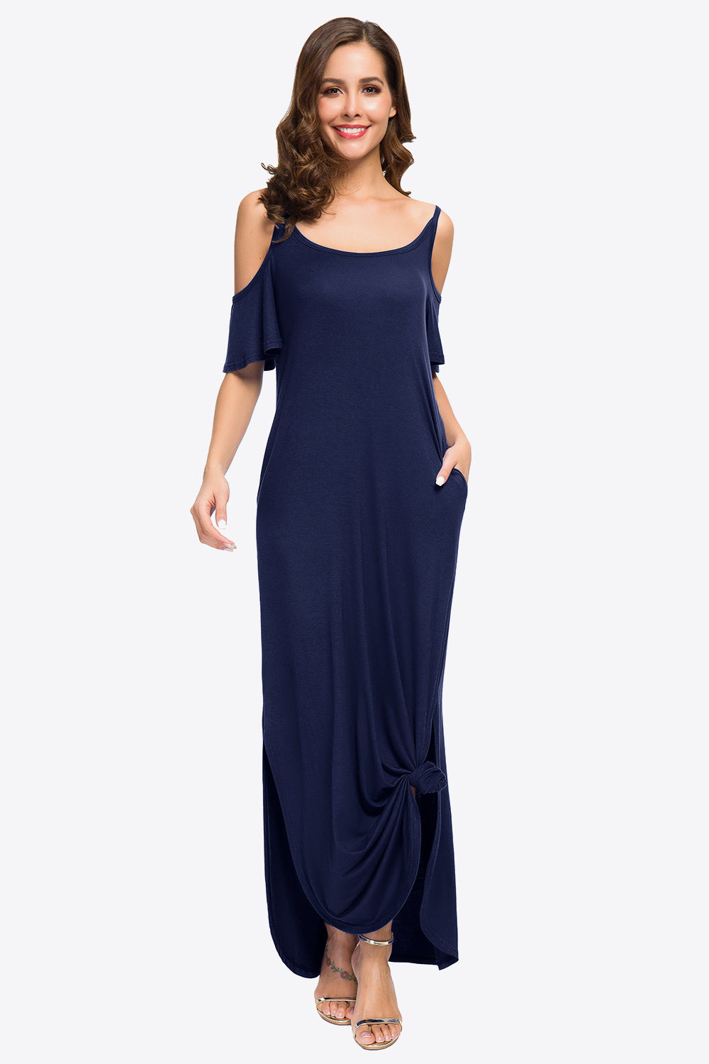 Cold-Shoulder Split Maxi Dress with Pockets