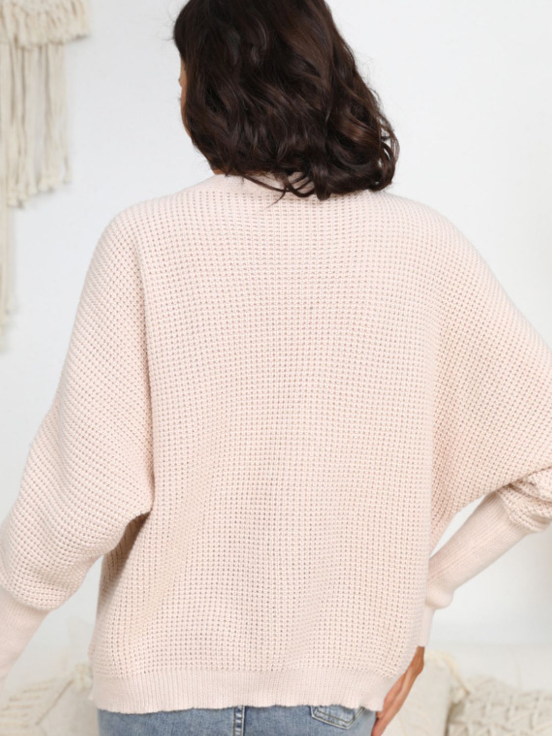 Waffle Knit Lantern Sleeve Surplice Sweater