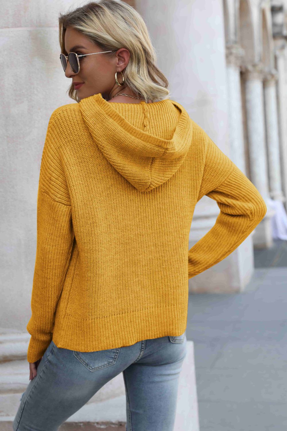 Rib-Knit Drop Shoulder Hooded Sweater