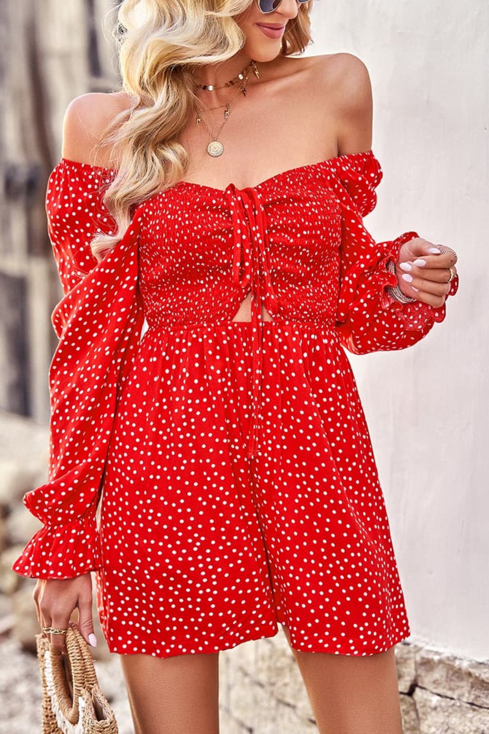 Polka Dot Ruched Smocked Flounce Sleeve Romper