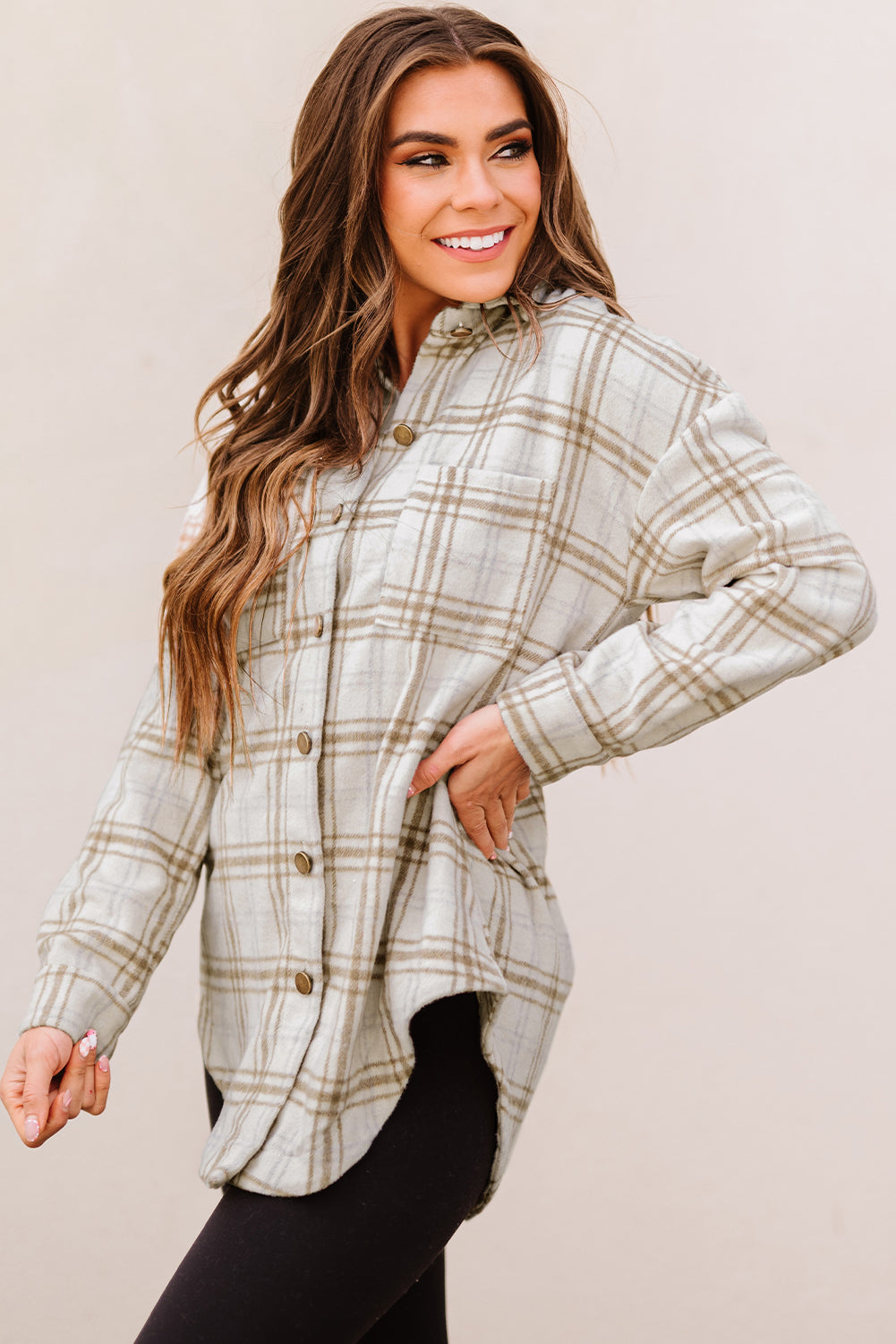 Plaid Curved Hem Dropped Shoulder Longline Shirt Jacket
