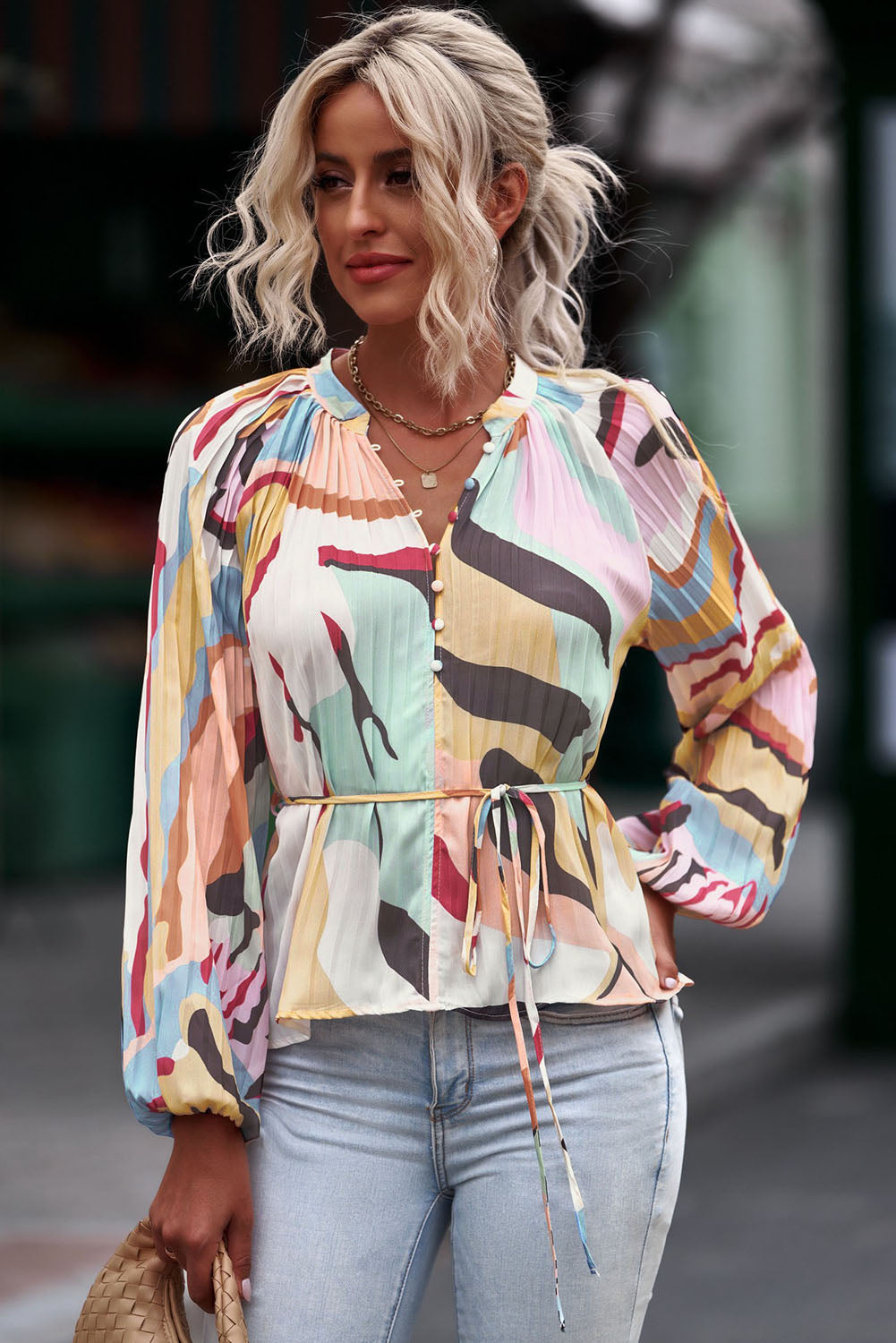 Printed Tie-Waist Pleated Balloon Sleeve Blouse