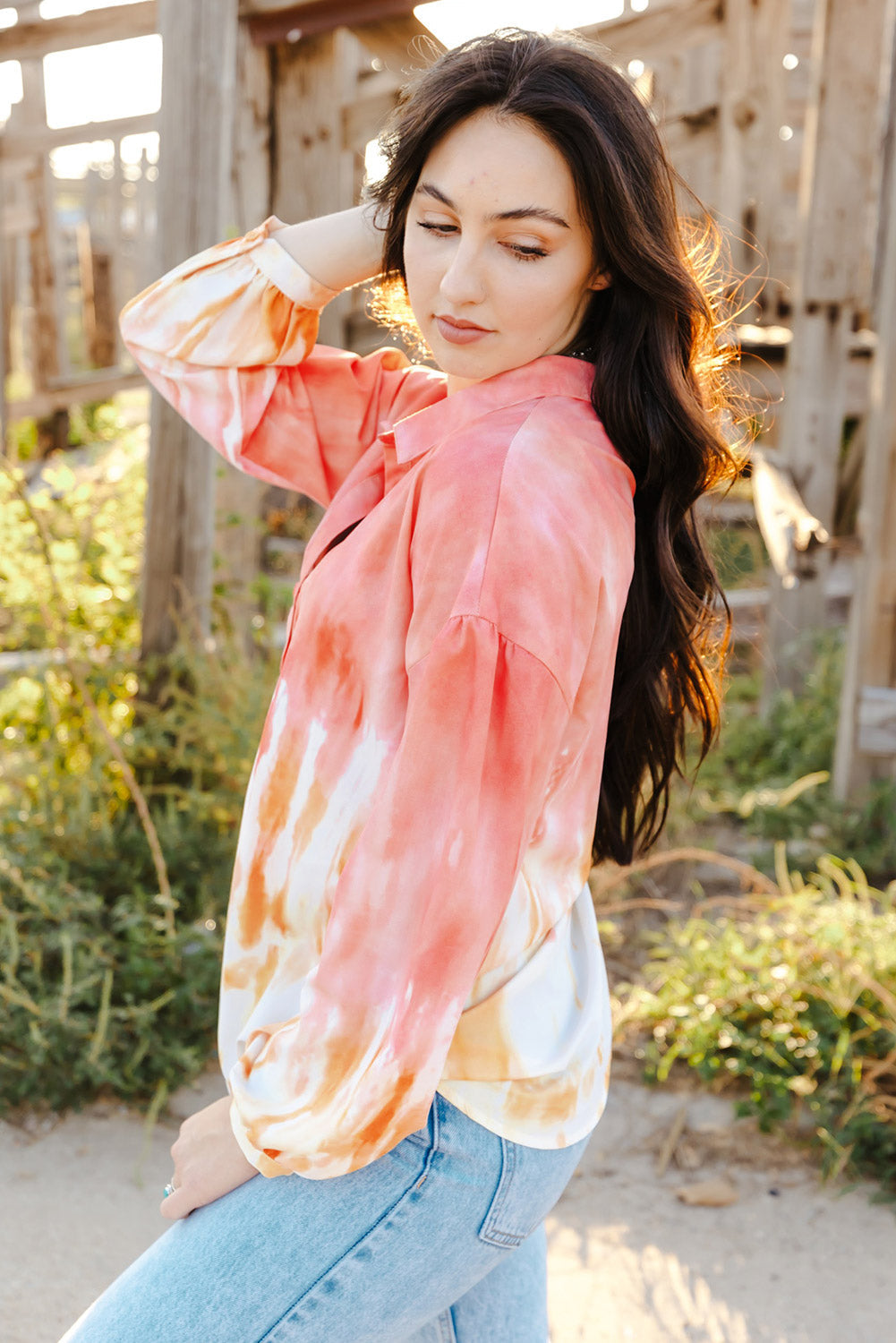 Tie-Dye Quarter-Button Tie Back Collared Top