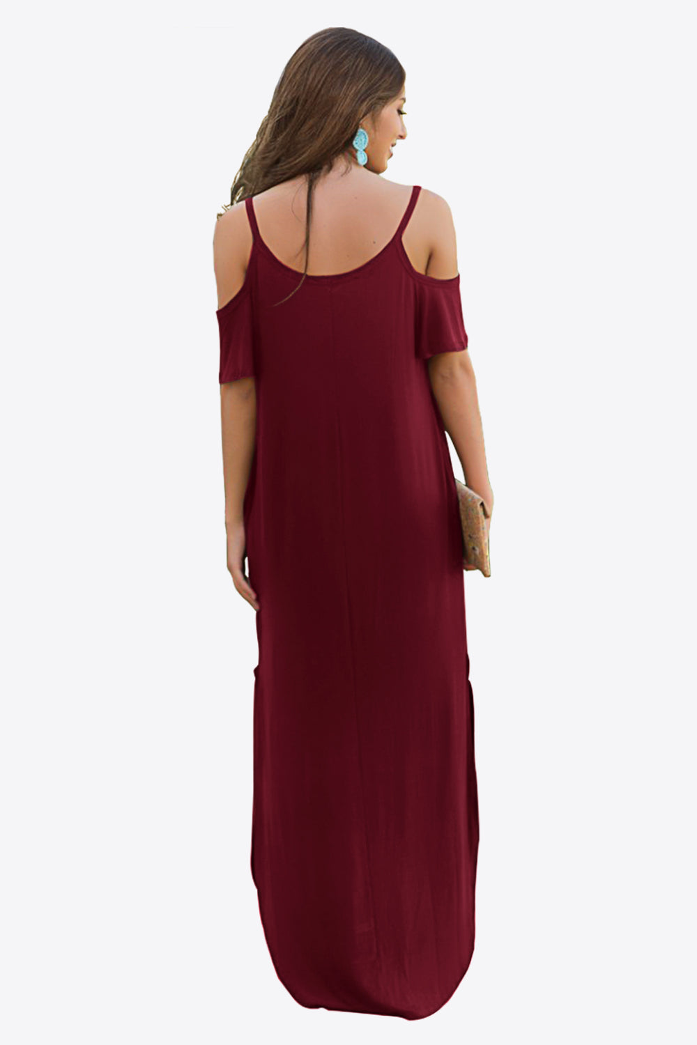 Cold-Shoulder Split Maxi Dress with Pockets