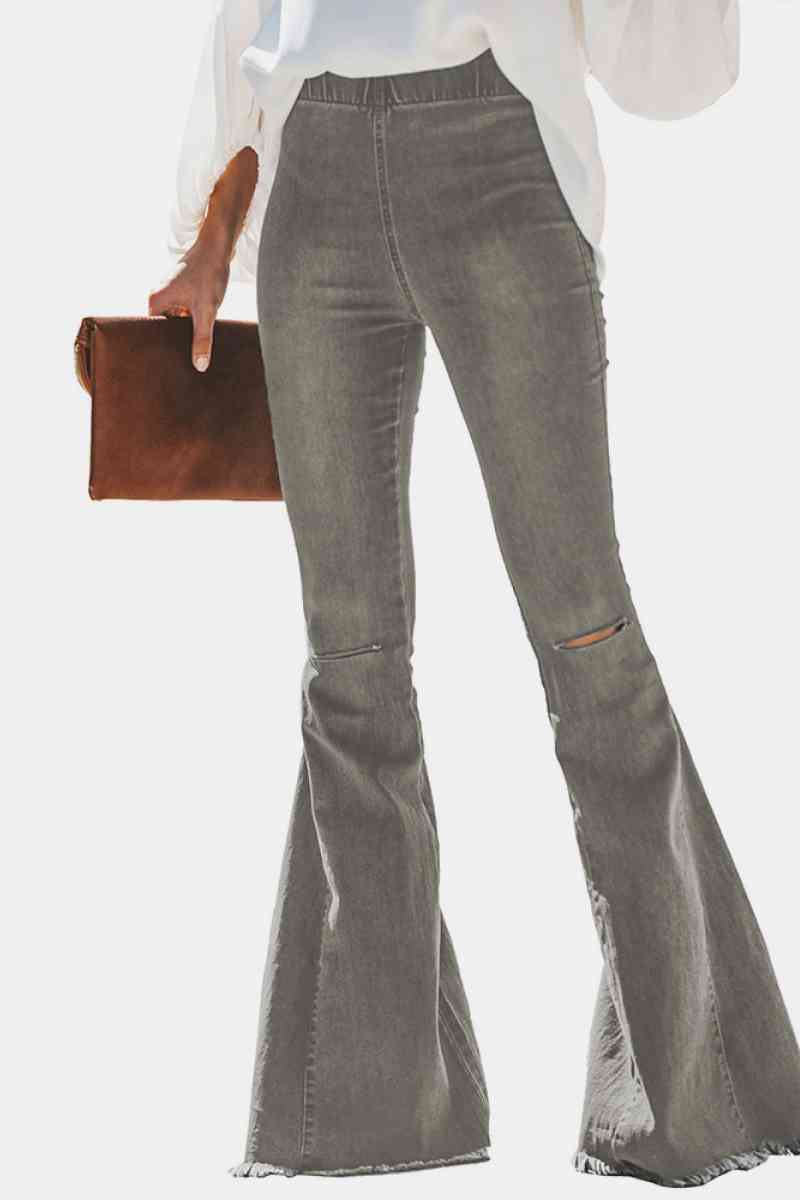 High Waist Slits Raw Edge Flare Jeans