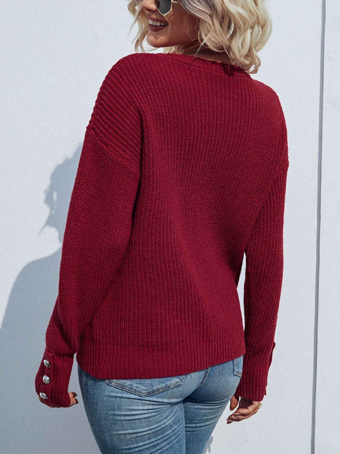 Button Detail Dropped Shoulder Rib-Knit Sweater