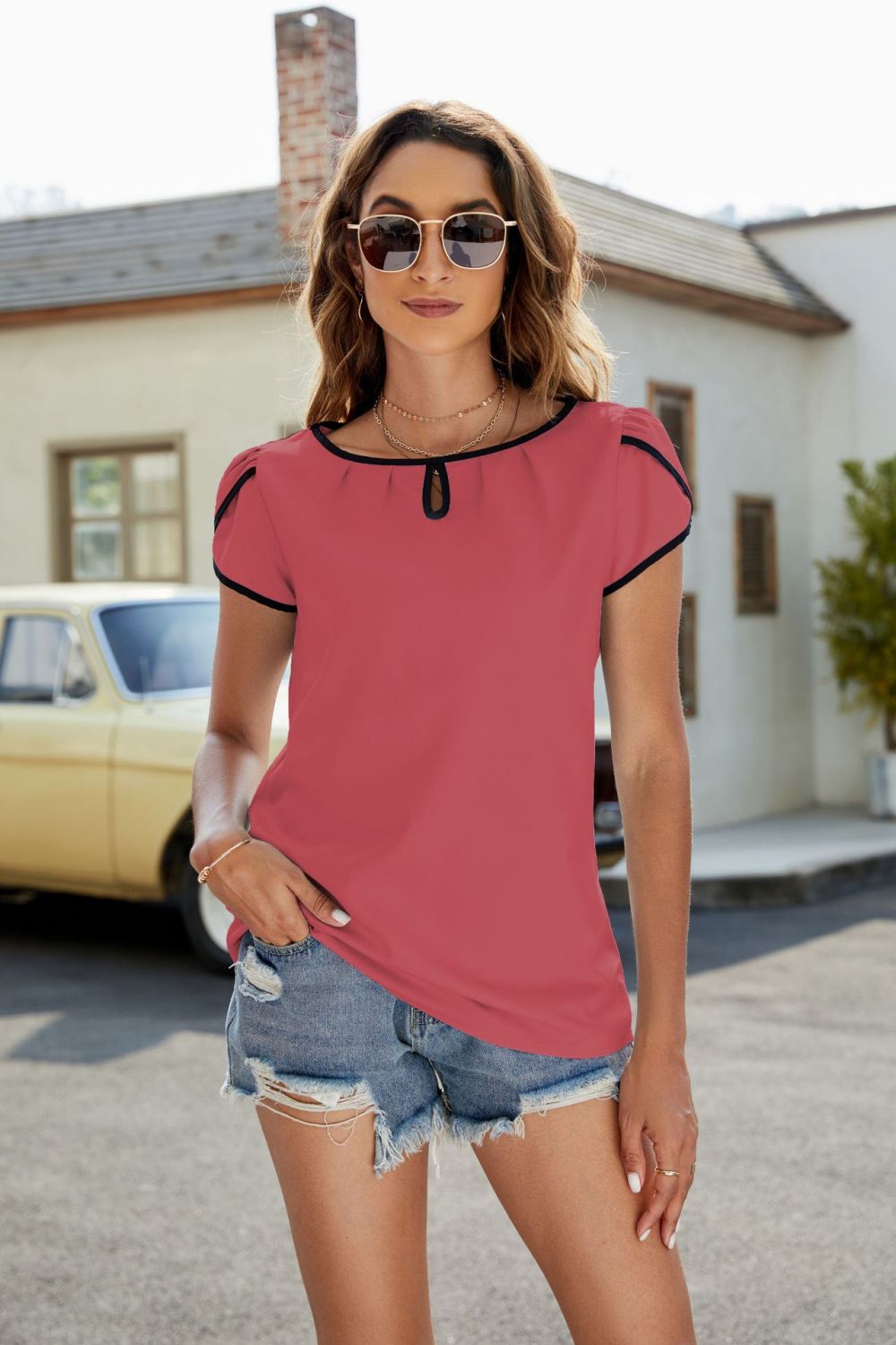 Contrast Trim Petal Sleeve Round Neck Blouse