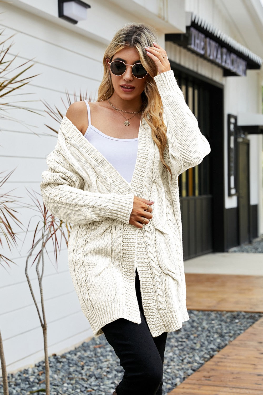 Ribbed Trim Cable-Knit Drop Shoulder Cardigan
