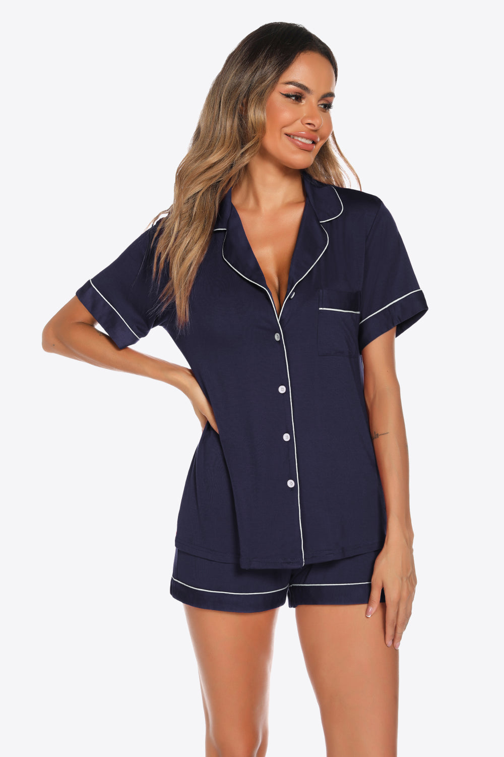 Contrast Piping Button Front Top and Shorts Lounge Set