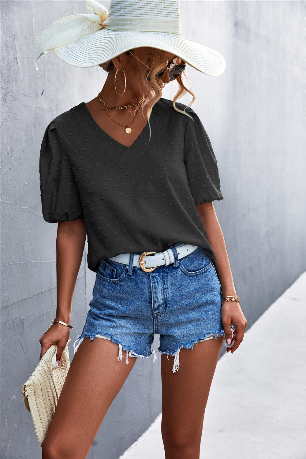 Swiss Dot Puff Sleeve V-Neck Top