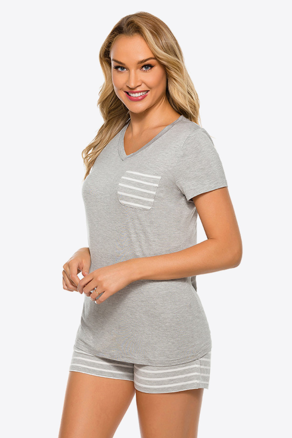 Striped V-Neck Top and Shorts Lounge Set