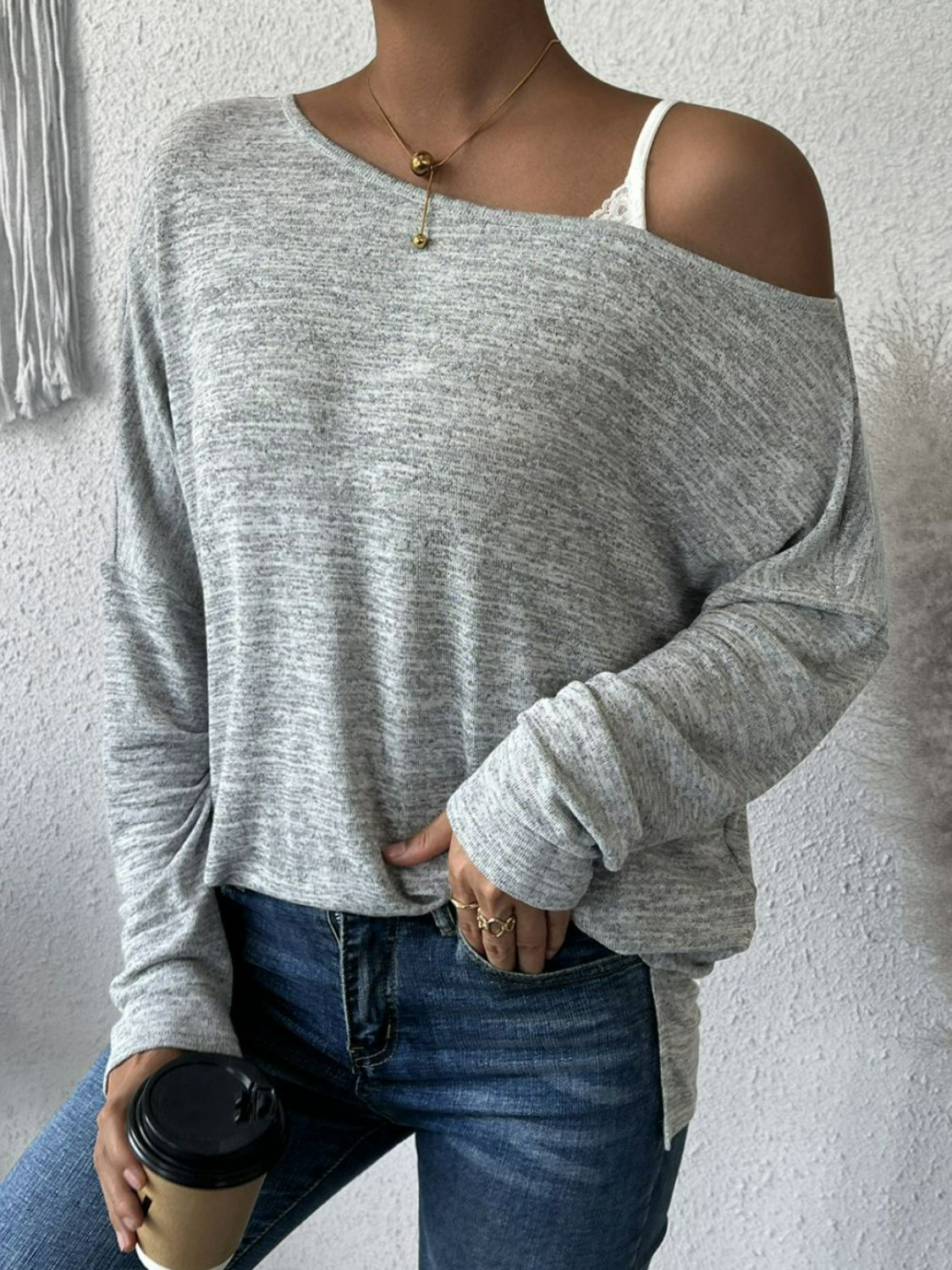 Heathered Asymmetrical Neck Slit Tunic Top