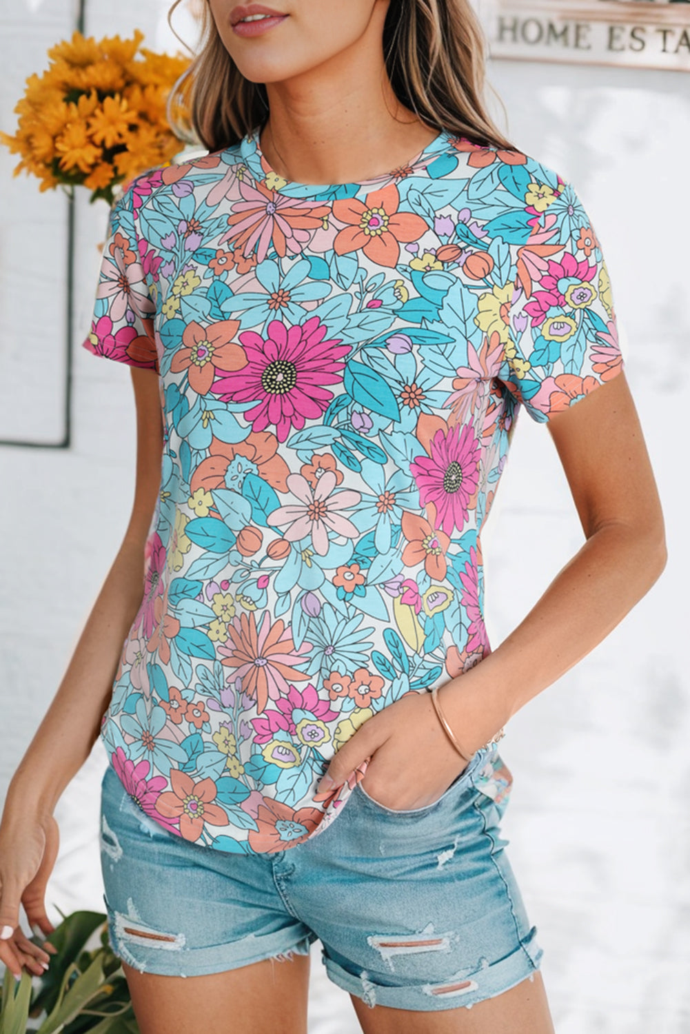 Floral Round Neck Short Sleeve Tee