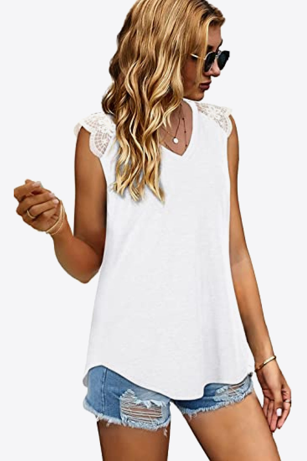Spliced Lace Curved Hem Blouse