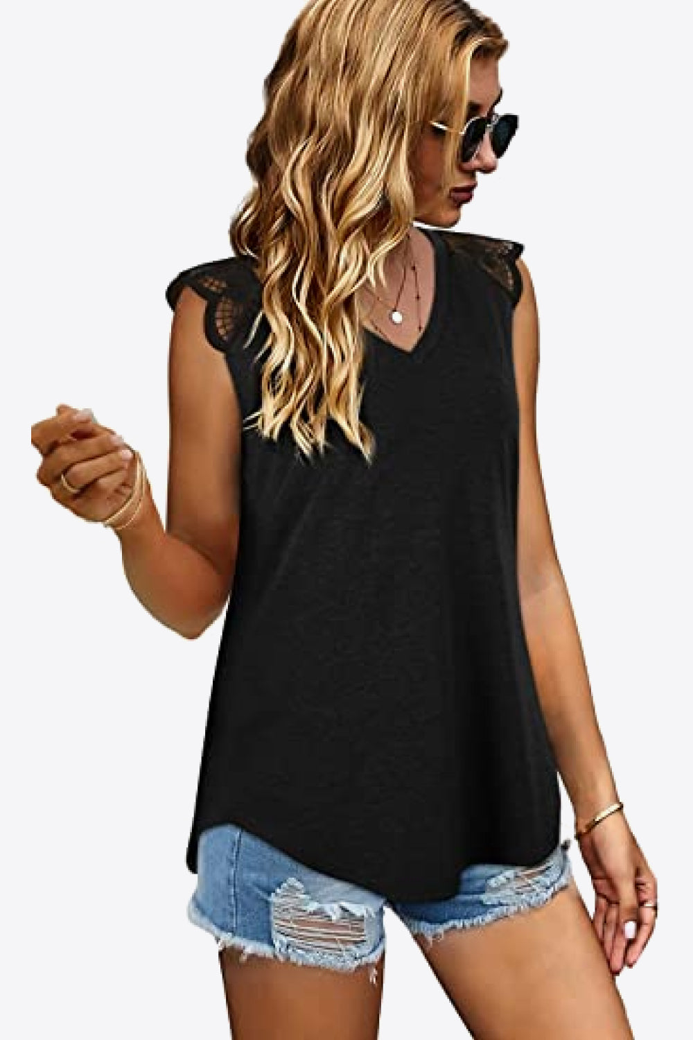 Spliced Lace Curved Hem Blouse