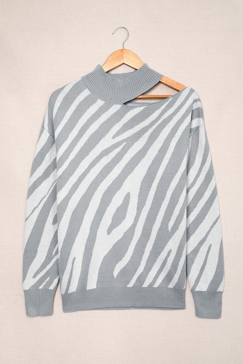 Zebra Print Mock Neck Cold Shoulder Sweater