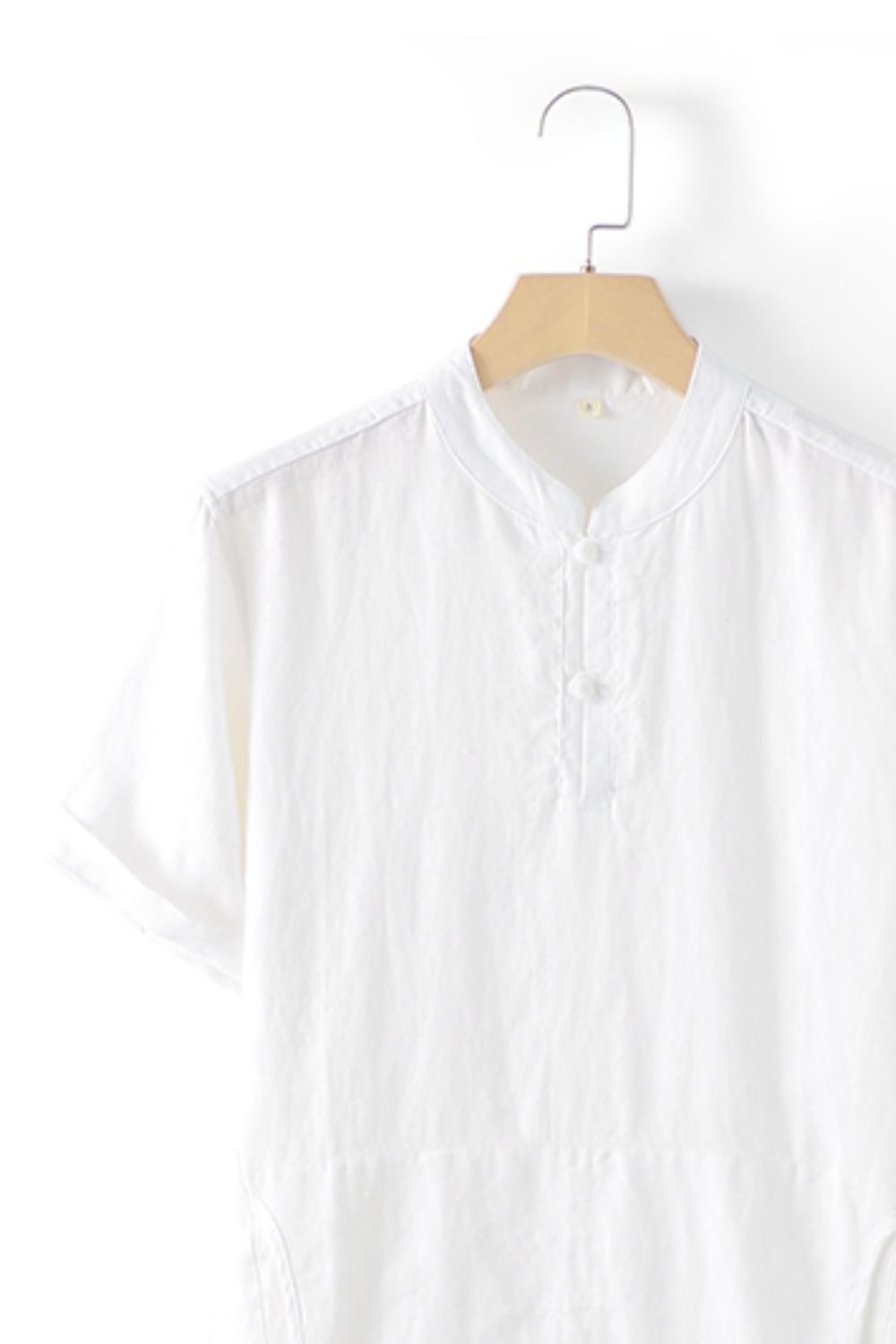 Buttoned Round Neck Short Sleeve Linen Tee