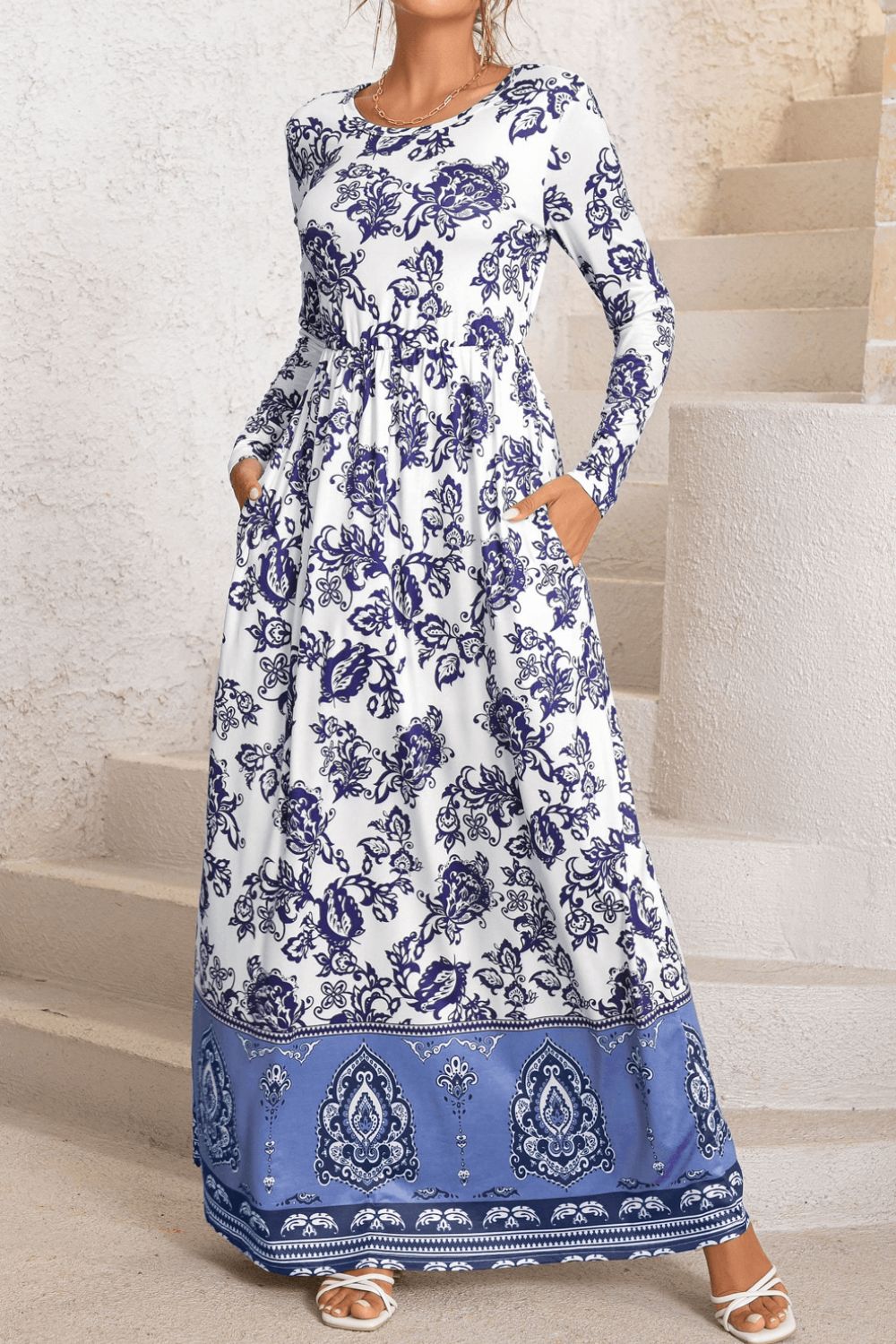 Bohemian Long Sleeve Maxi Dress with Pockets