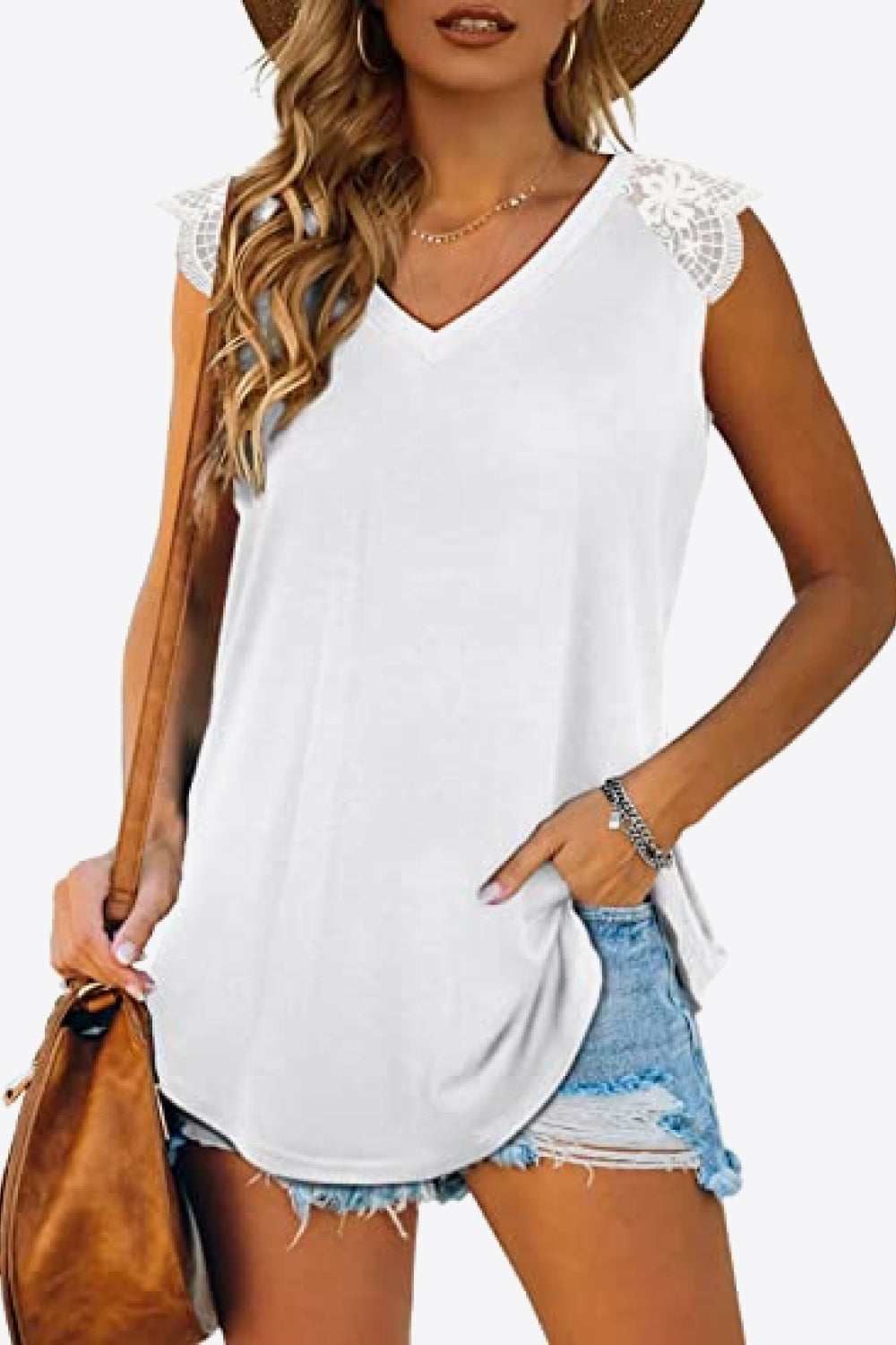 Spliced Lace Curved Hem Blouse