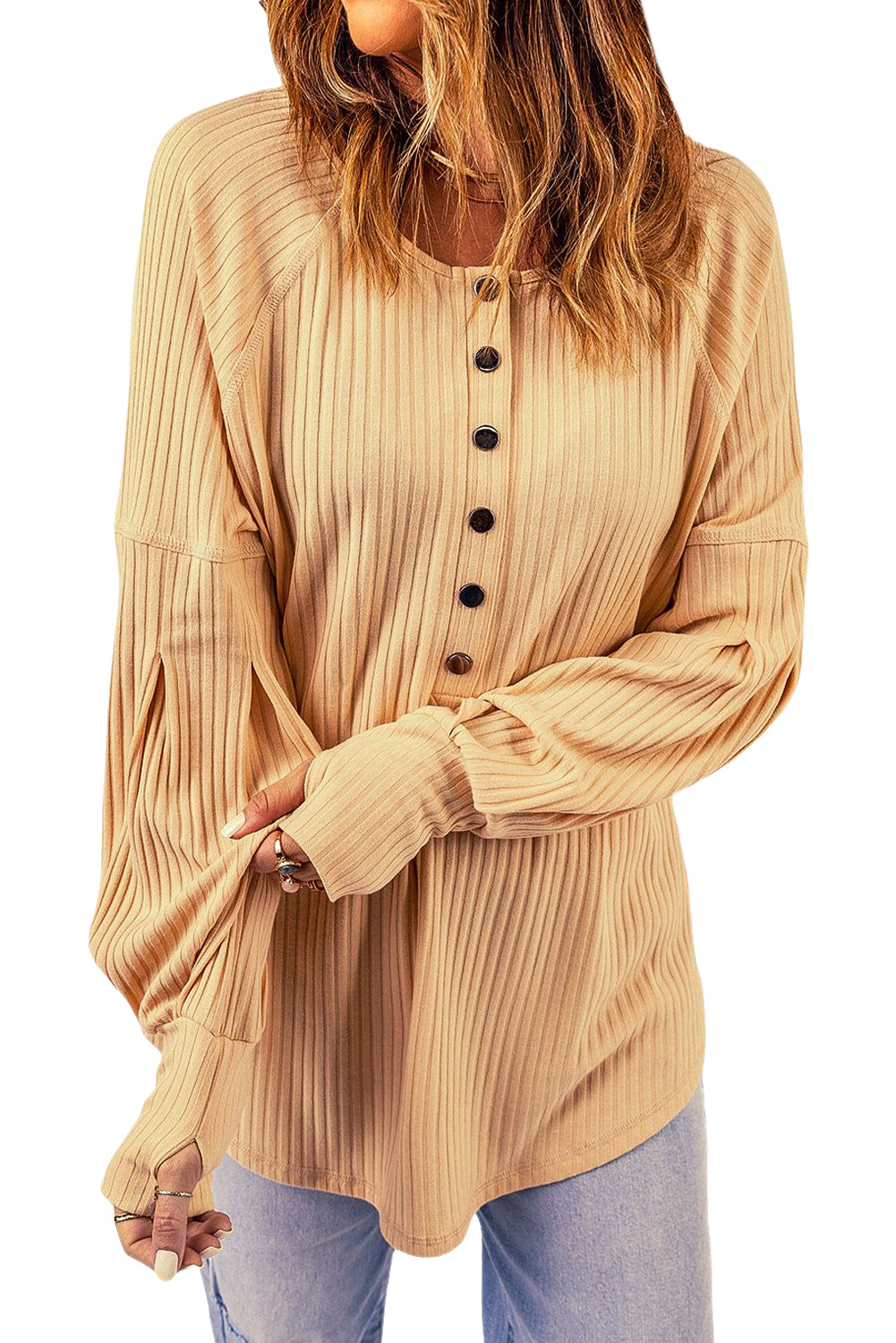 Half Button Ribbed Thumbhole Sleeve Top