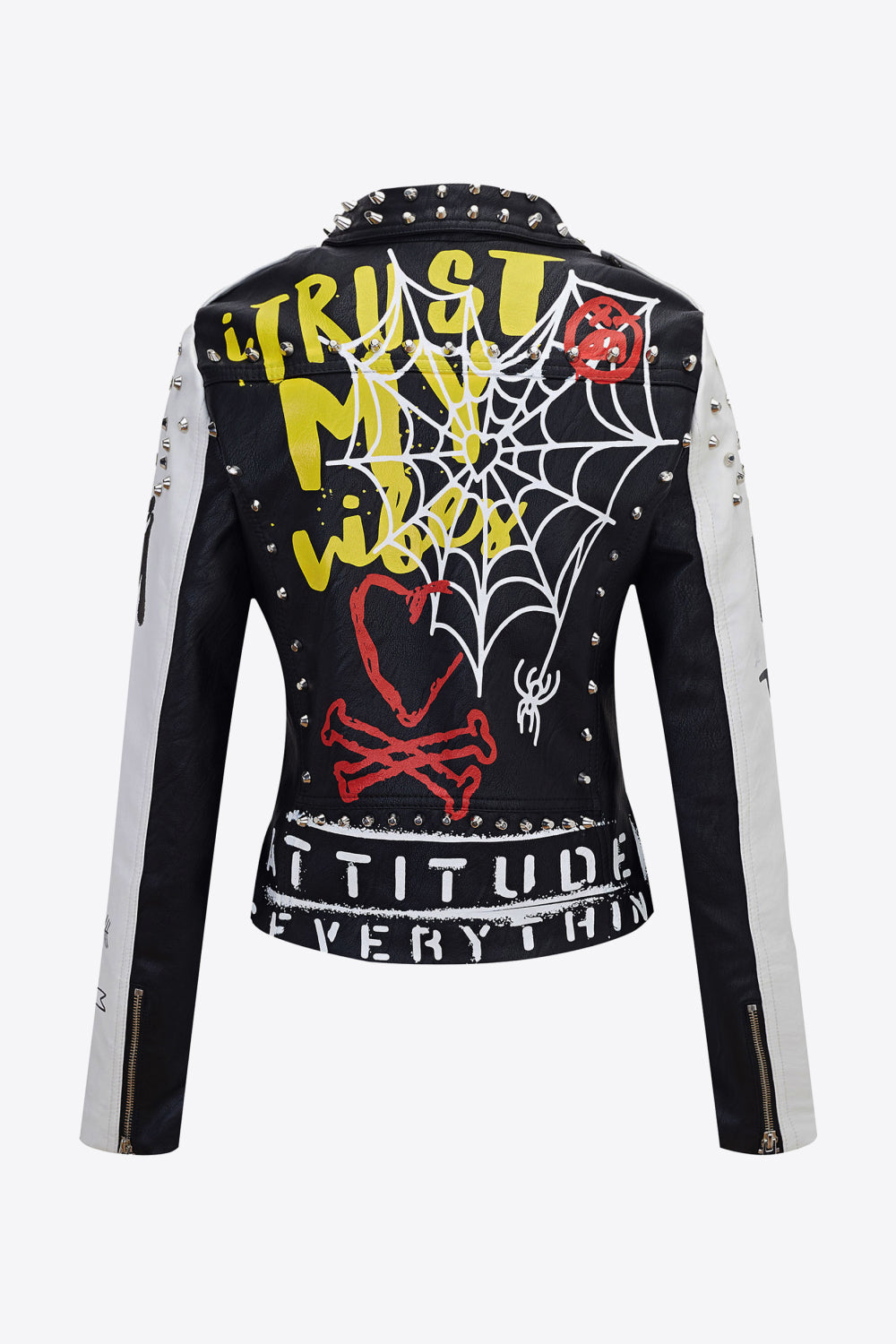 Full Size Printed Zip Up Studded PU Leather Jacket