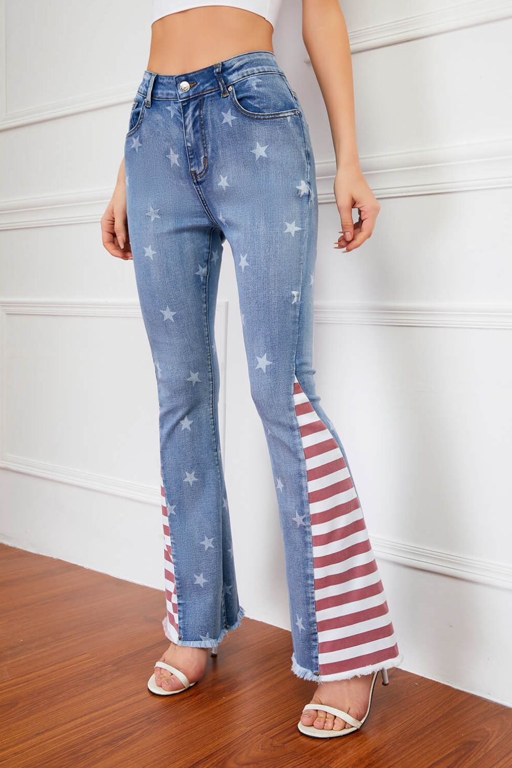Full Size US Flag Frayed Hem Flare Jeans