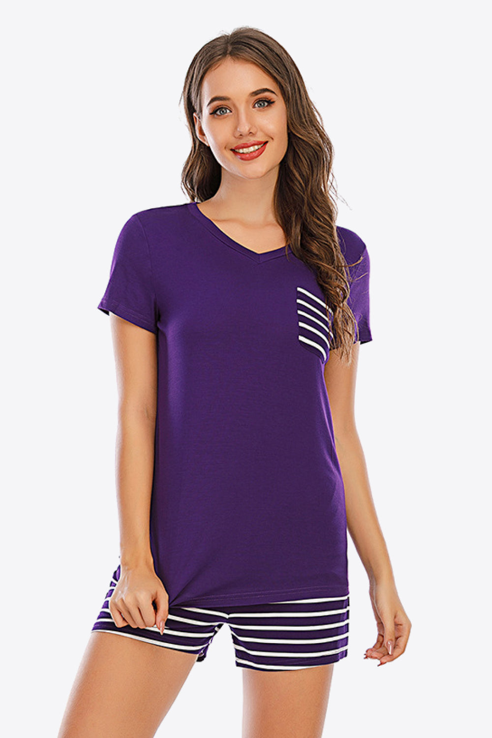 Striped V-Neck Top and Shorts Lounge Set