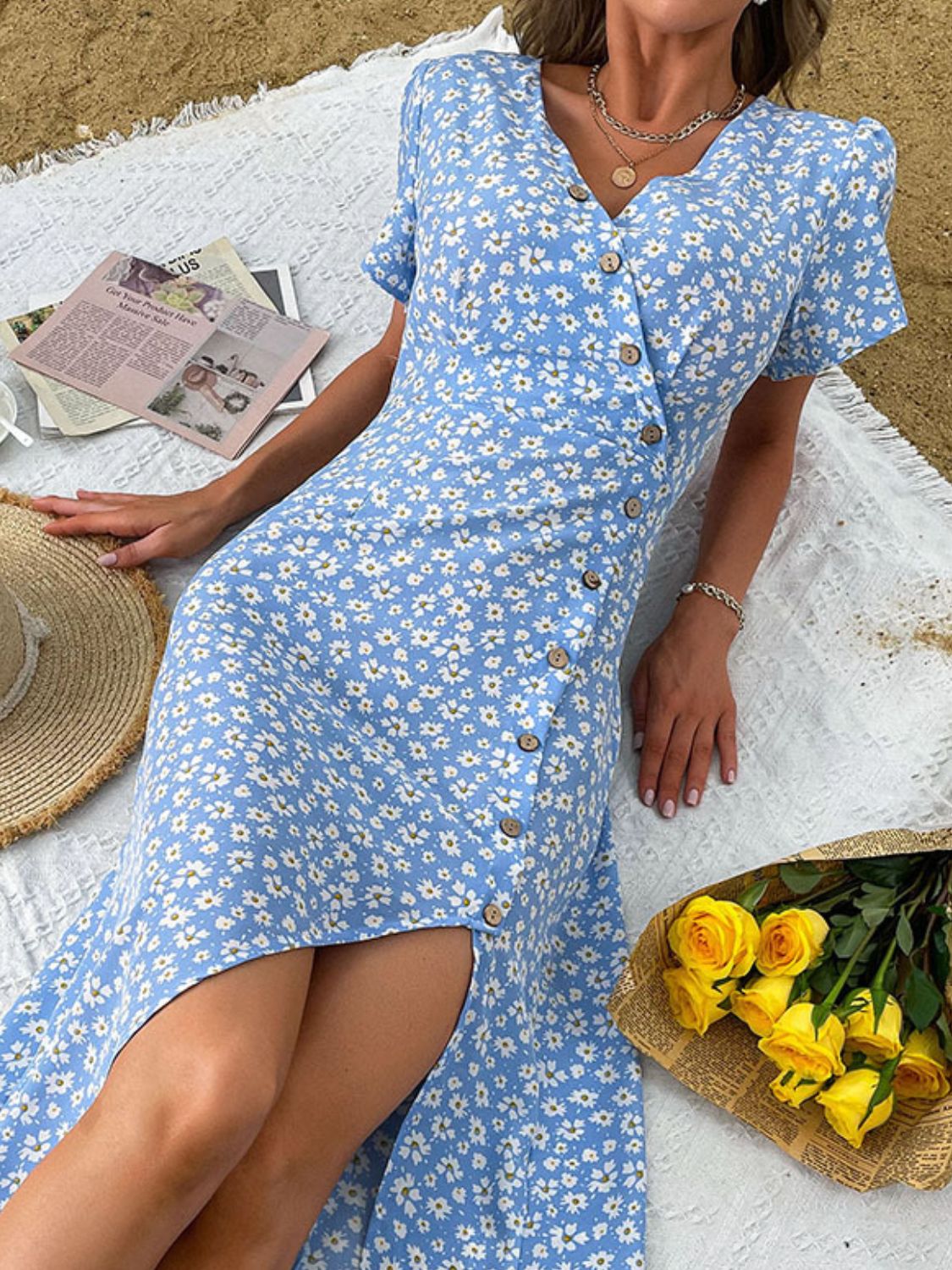 Ditsy Floral Buttoned Puff Sleeve Slit Dress
