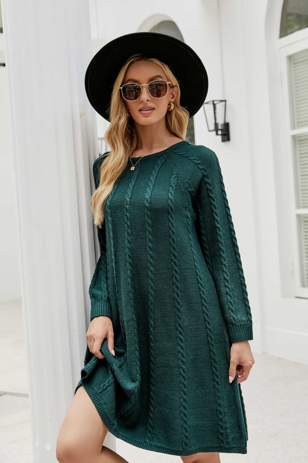 Cable-Knit Raglan Sleeve Round Neck Sweater Dress