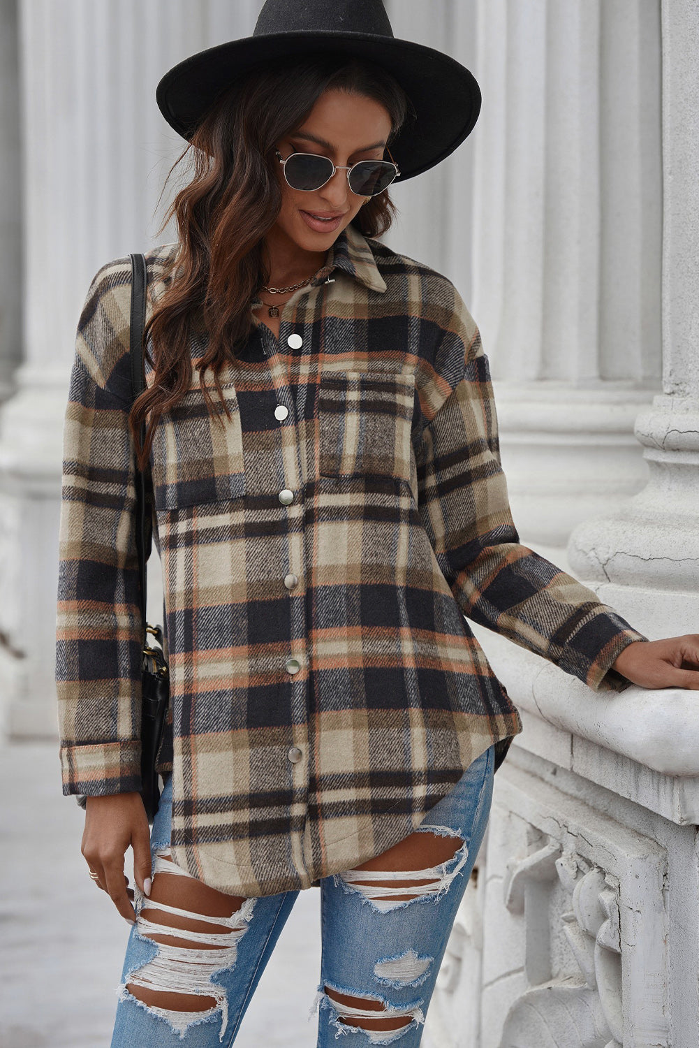 Plaid Curved Hem Dropped Shoulder Longline Shirt Jacket