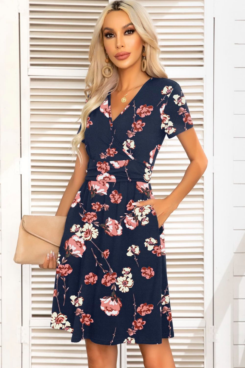 Printed Short Sleeve Surplice Neck Dress