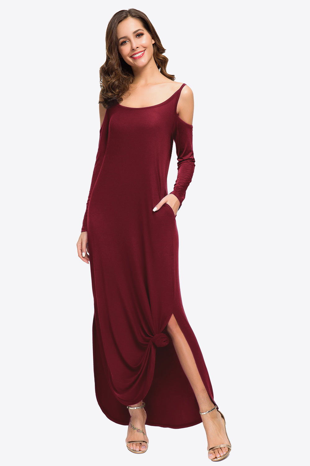 Cold-Shoulder Split Dress with Pockets
