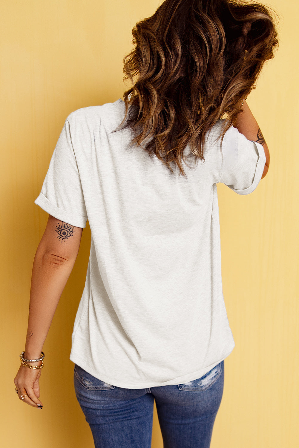 Letter Graphic Cuffed Sleeve Round Neck T-Shirt