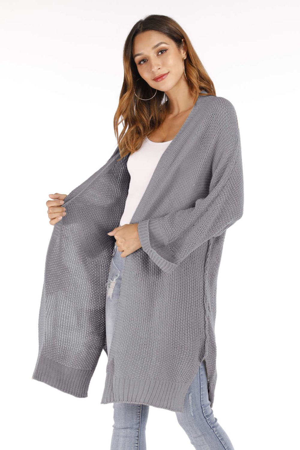 Open Front Slit Exposed Seam Cardigan