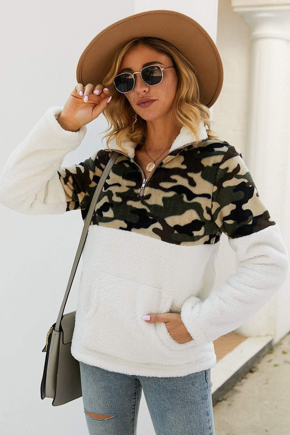 Camouflage Color Block Quarter Zip Pullover