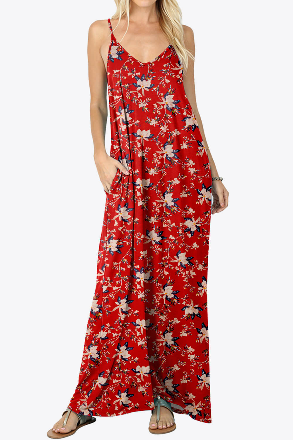 Floral Spaghetti Strap Maxi Dress with Pockets