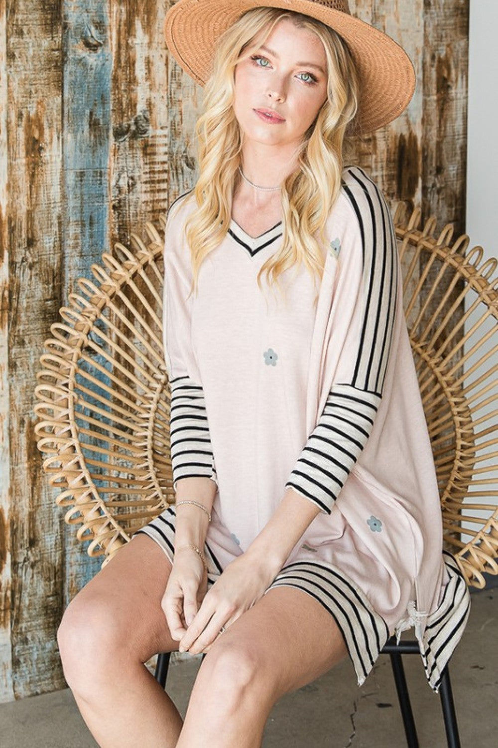 Jade By Jane Full Size Floral Striped V-Neck Slit Tunic Top