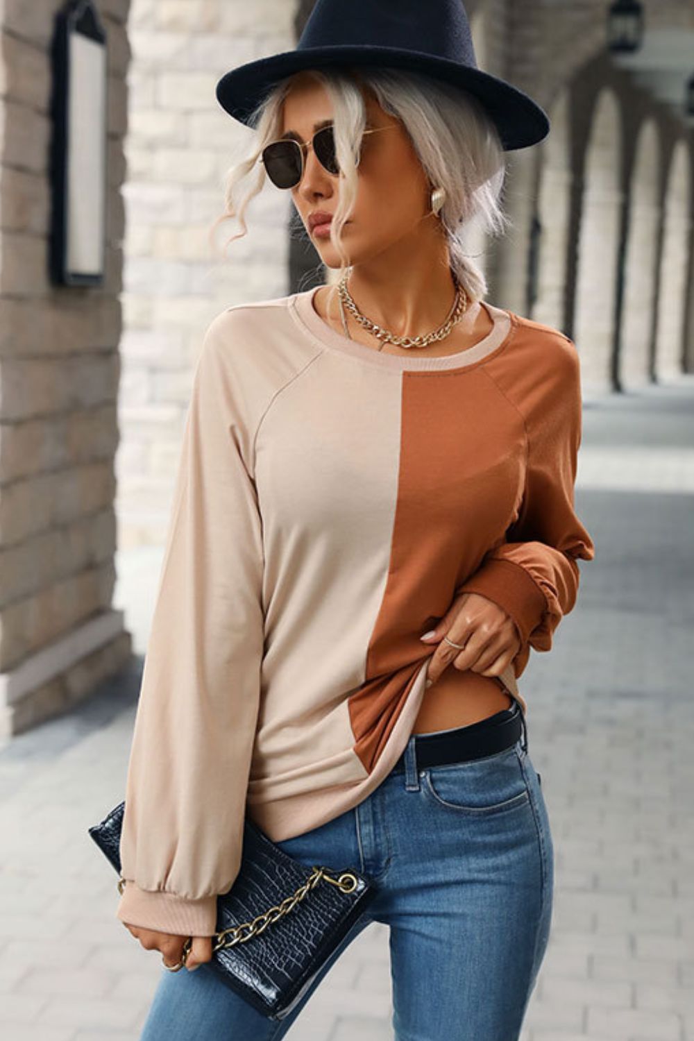 Two-Tone Round Neck Raglan Sleeve Sweatshirt