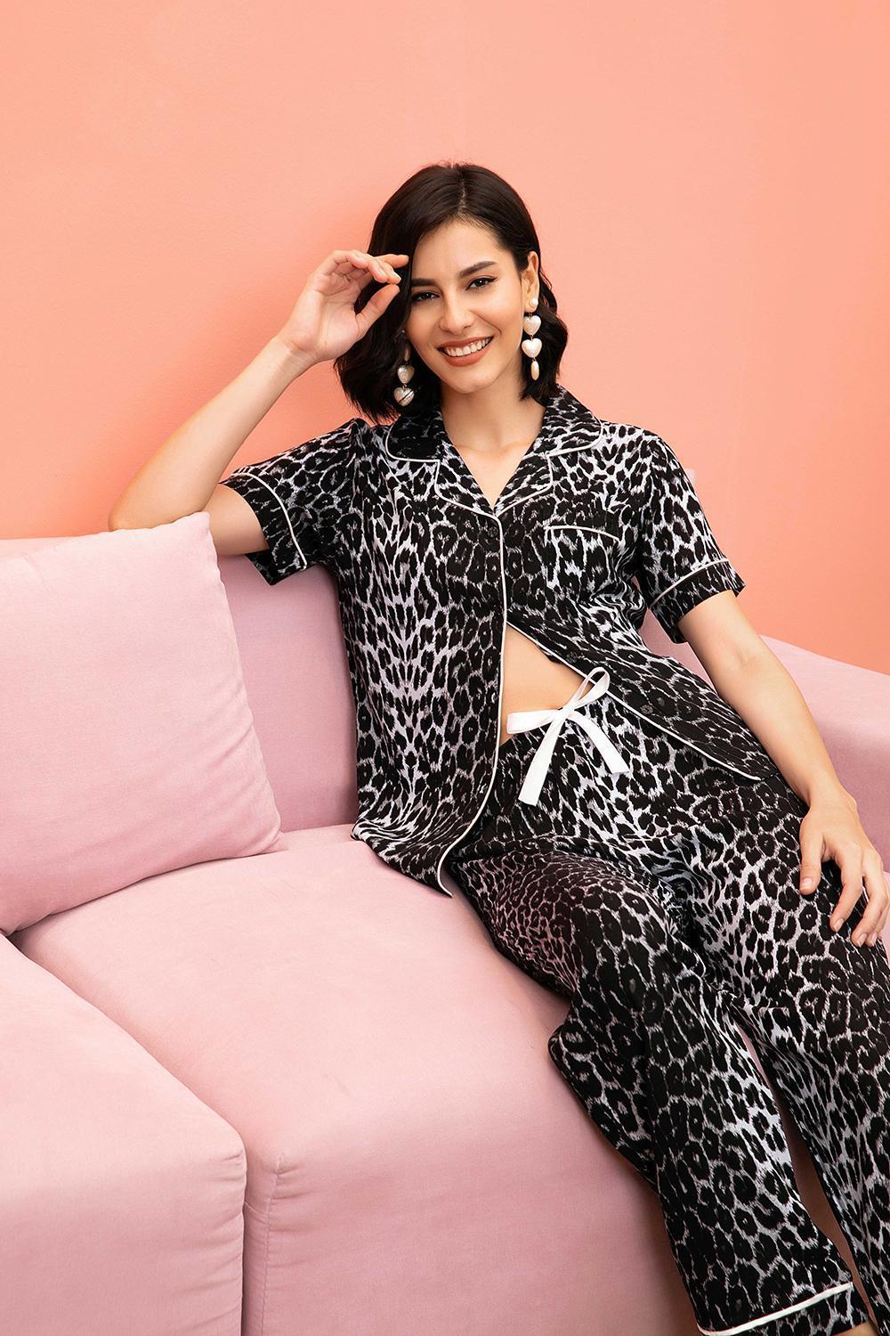 Leopard Lapel Collar Shirt and Pants Lounge Set