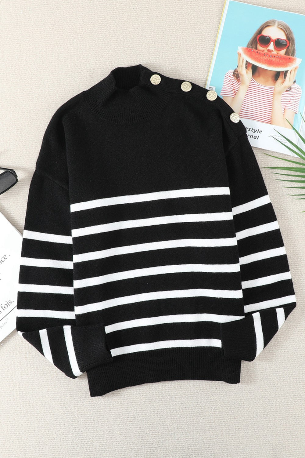 Striped Button Detail Mock Neck Sweater
