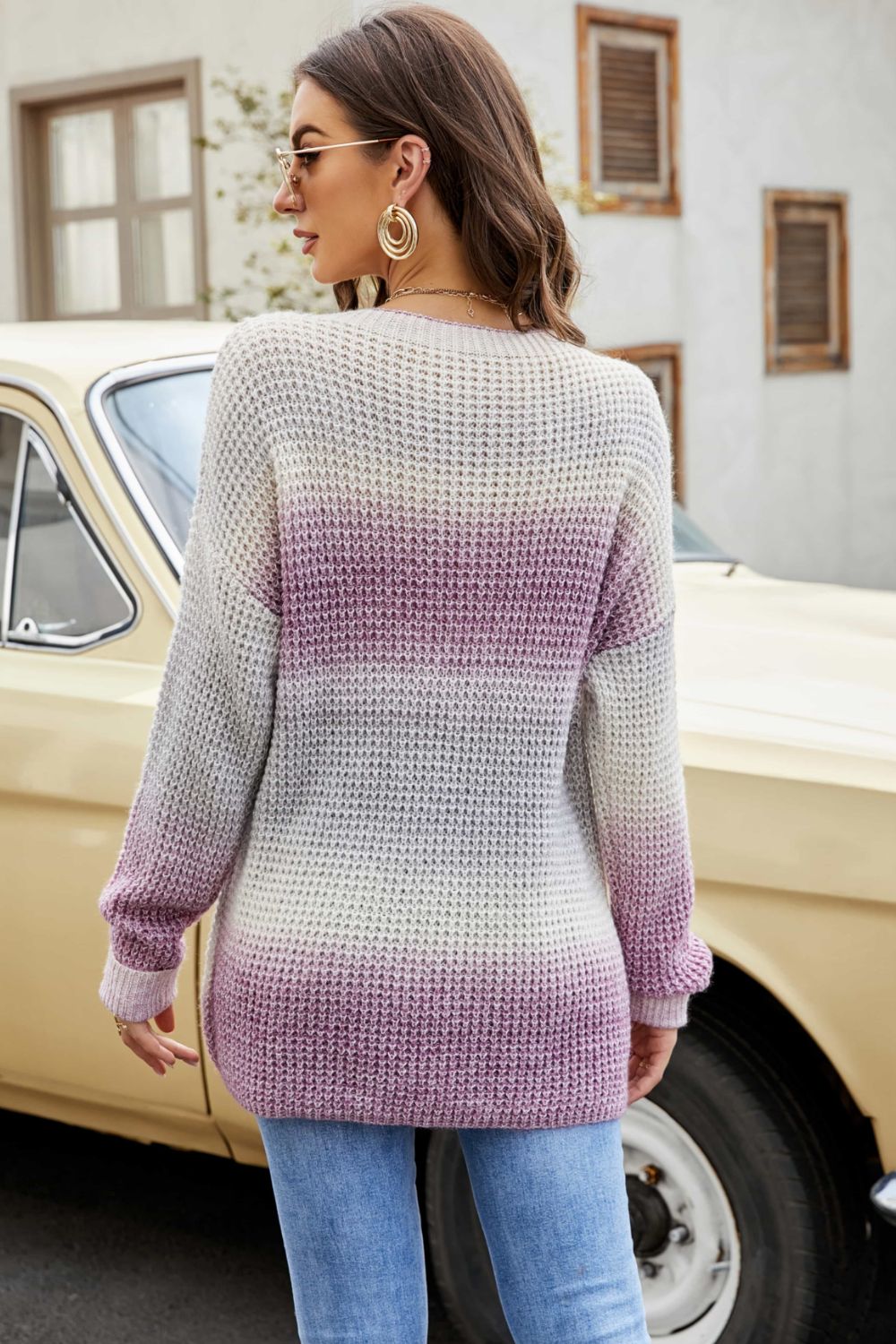 Gradient Waffle-Knit Dropped Shoulder Sweater