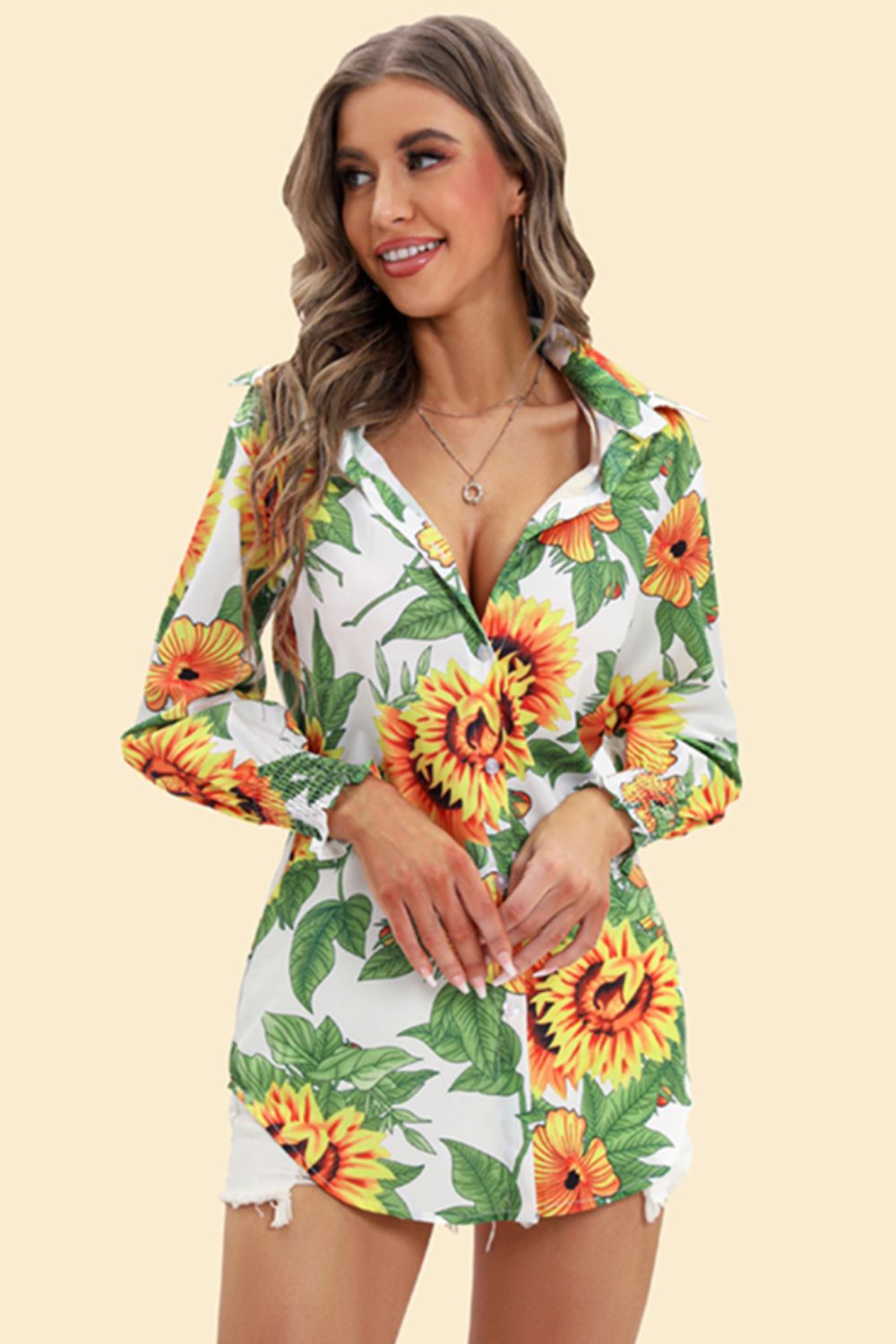 Floral Curved Hem Smocked-Cuff Shirt